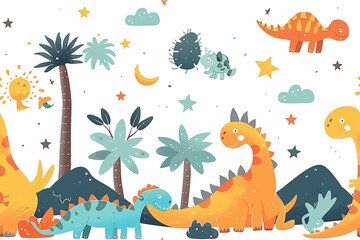 Cute dinosaurs and palm trees bright, playful colors, seamless pattern wallpaper