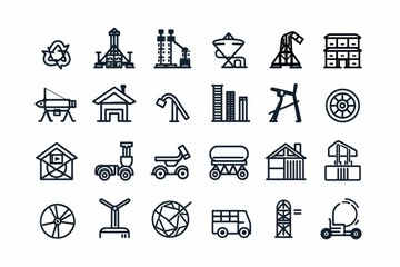 Clean and simple industry icons, thin line art, minimalistic style, black icons on white background, various industrial elements