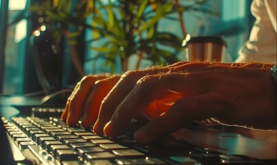 Poster - Man's hands on laptop with coding screen in modern office