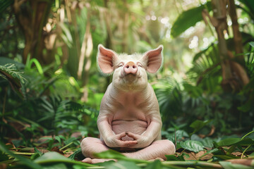 Wall Mural - Adorable pig in a serene forest, sitting in a meditative lotus pose with a peaceful expression, surrounded by lush greenery and sunlight. Animals.