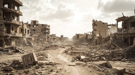 Wall Mural - Destroyed city after the war. Dramatic scene of the bombed out city. Human suffering and war