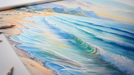 Wall Mural - A beautiful pastel drawing of a tranquil seaside, with gentle waves, sandy shores, and distant mountains. The scene is rich in colors and details, capturing the peaceful atmosphere. 