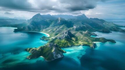 Wall Mural - Mountainous island surrounded by turquoise sea image