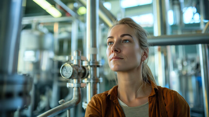 Poster - Confident Female Engineer Inspecting Industrial Equipment in a Modern Factory