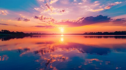 Wall Mural - Sunset over a tranquil lake