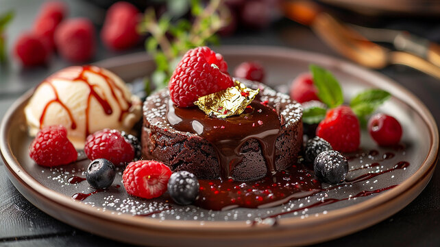 Molten lava cake with vanilla ice cream topped with fresh berries, served on plate