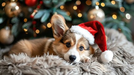 Sticker - Festive Welsh Corgi Puppy Celebrating New Year and Christmas by the Tree