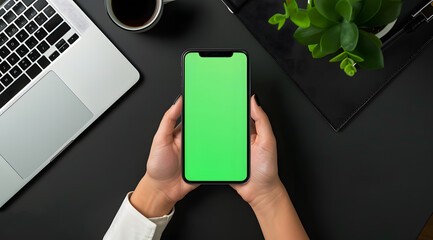 an aesthetically pleasing image of a hand elegantly holding the iPhone mockup with a green screen