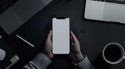 Wall Mural - Woman holding an iPhone  with a white screen mock-up