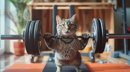 Wall Mural - funny cat athlete lifts a barbell in gym during sports training.