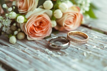 Wall Mural - Wedding rings on the background of a bouquet of flowers
