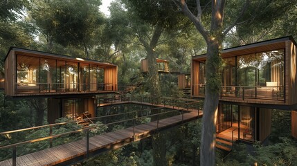 Wall Mural - A luxury treehouse resort in a dense forest, with modern amenities, glass walls, and wooden walkways connecting the treetop cabins. 32k, full ultra hd, high resolution