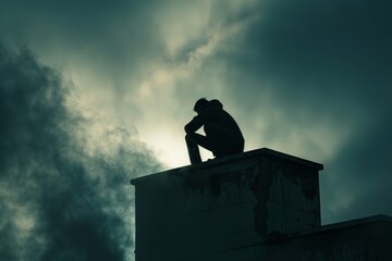 Man on roof with mental disorder thinking about suicide