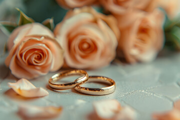 Wall Mural - Gold rings on the background of a wedding bouquet of roses