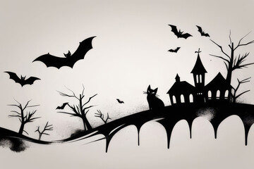 Halloween background with spooky silhouettes of bats, black cats and pumpkins.