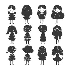 silhouette hand drawn cute women kawaii doodle collection set