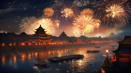 Wall Mural - fireworks over the lake