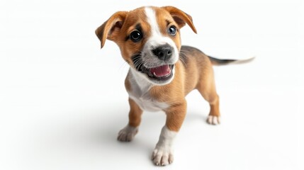 Wall Mural - small brown and white dog standing on a white surface