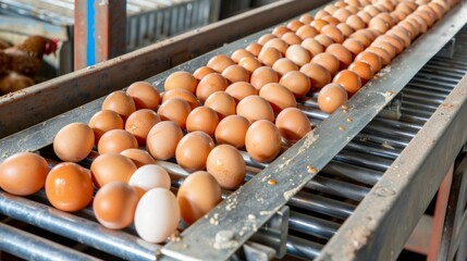 Wall Mural - Fresh eggs on conveyor belt in a poultry farm