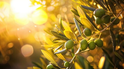 Wall Mural - Green olives on a branch of an olive tree, with sunlight filtering through the leaves close up