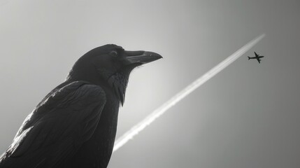 Canvas Print - A crow staring at an airplane trail