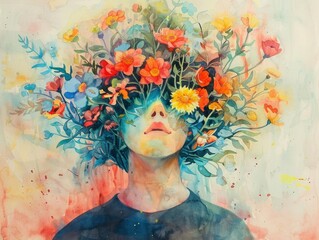 Wall Mural - Watercolor painting of a woman with flowers in her hair and flowers on her head, beauty and nature art concept