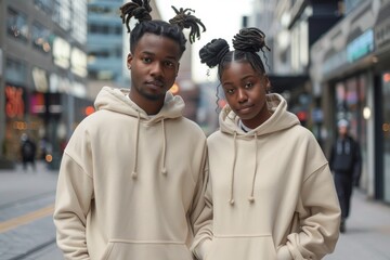 Photo of an attractive young black man and woman wearing plain cream colored hoodies