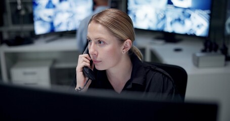 Poster - Control room, telephone and calling with woman, security guard and safety service with communication. Night watch, employee and agent with computer, surveillance info and monitor with contact center