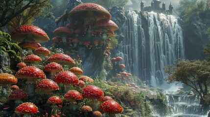 Wall Mural - waterfall and a waterfall with red mushrooms and trees