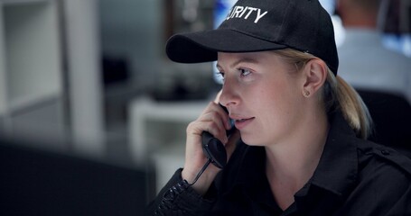 Poster - CCTV, phone call and security with woman in control room for law enforcement or surveillance. Communication, crime and safety with police officer at police headquarters for inspection or privacy