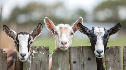 Canvas Print - Funny goats family in farm goats peek out of the fence