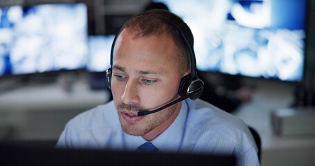 Poster - Man, safety and headset in control room for communication, surveillance and supervision or building security. Male guard, contact or cctv monitors with telecom advice for check, support or protection