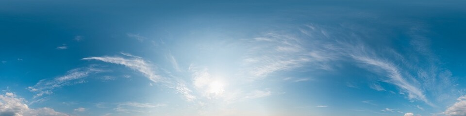 Wall Mural - Sky 360 panorama - Bright blue sky filled with fluffy white Cirrus clouds. Seamless hdr spherical 360 panorama. Sky dome sky replacement for aerial drone 360 panoramas. Weather and climate change