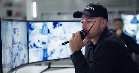 Poster - Man, security guard on radio and speaking by cctv monitor for protection, building safety or data center. Inspection, video surveillance agency and control room with footage, computer and watching