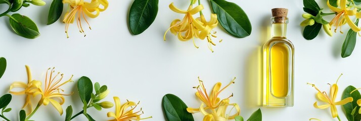 Bottle of oil and yellow y beautifully arranged honeysuckle flowers on the right side, light green leaves.