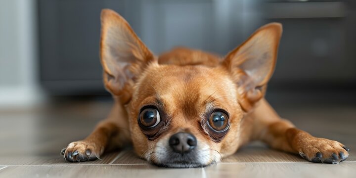 Chihuahua dog with big eyes lying on kitchen floor looking up. Concept Pet Photography, Small Dogs, Home Environment, Expressive Poses, Indoor Portraits