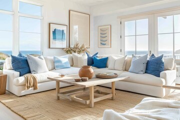 Wall Mural - Bright and airy coastal living room with light blue accents, featuring an L-shaped sofa in natural wood tones
