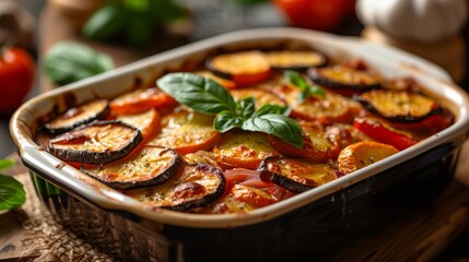Wall Mural - A close-up of oven-baked ratatouille topped with fresh basil, arranged neatly in a rectangular dish