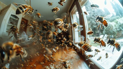 A dramatic and surreal image capturing a massive swarm of bees filling a corner inside a house with a fish-eye effect