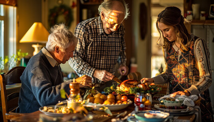 Poster - A family is gathered around a table for a Thanksgiving dinner