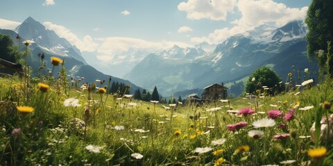 Wall Mural - Beautiful sunny day meadow field landscape with many plant grass flowers decoration and mountain on background. Nature outdoor relaxing adventure vibe scene