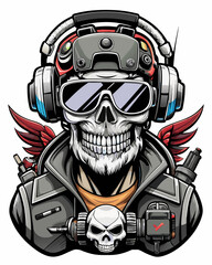 Wall Mural - Military skull drone operator with both hands in big VR glasses and remote control. the evil smile on his angry skull face vector illustration 