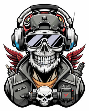 Military skull drone operator with both hands in big VR glasses and remote control. the evil smile on his angry skull face vector illustration 