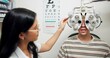 © N Lawrenson/peopleimages.com - Doctor, ophthalmologist and man on phoropter for eye care, consultation and healthcare exam in clinic. Optometry, test and patient on lens machine for vision check, wellness and eyesight correction