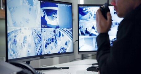 Poster - Male security guard, radio and speaking by cctv monitor for protection, data center or building safety. Inspection, control room with man and footage in video surveillance agency, computer and watch