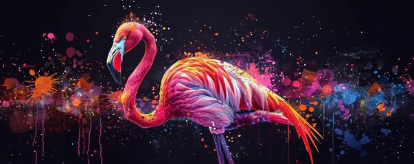 neon flamingo black background pop art Illustration of a flamingo in neon colors on a black background in the pop art style and splatters of watercolor paint