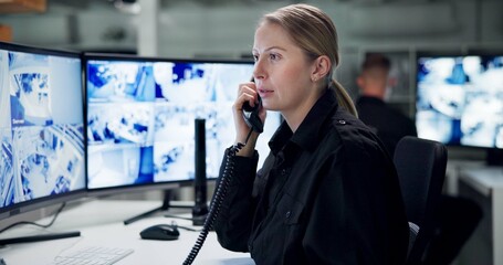 Poster - Communication, security and woman with telephone, monitor and watch of cctv, danger and control room. Guard, transceiver and working for protection, safety and talking to backup and connection