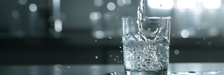 Fresh water is poured into a transparent glass. Splash in a glass, drop of water falling into a glass