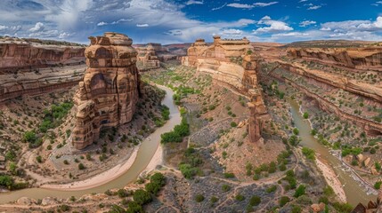 Wall Mural - a series of tall rock formations stand tall over a river forming a network of natural bridges that r