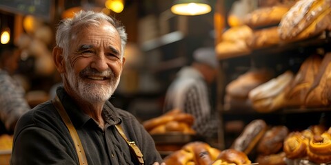 Wall Mural - Elderly man runs a small baking business from home hiring retirees. Concept Small Business, Baking, Home Based, Elderly, Retirees